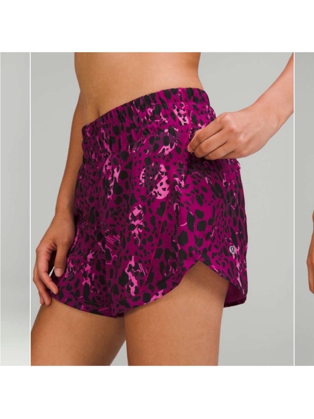 Lululemon Track That Mid-Rise Lined Shorts in a magenta cheetah camo print